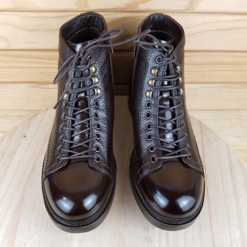 Mens 100% Genuine Leather Brown Ankle Boots 9 US by Paul Branco Side Zip Lace-up